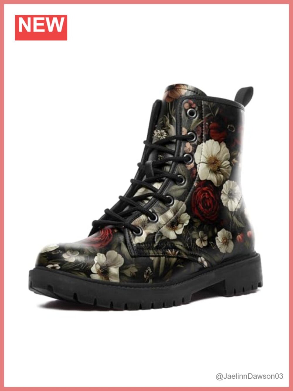 Retro Floral Combat Boots for Women, Microfiber Leather Lace-Up Ankle Booties